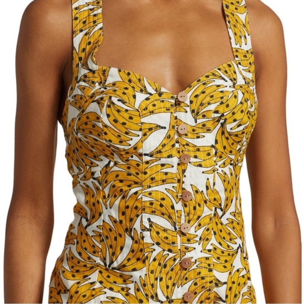 FARM Rio Yellow and White Banana Print 100% Linen Mini Dress - Picture 2 of 8